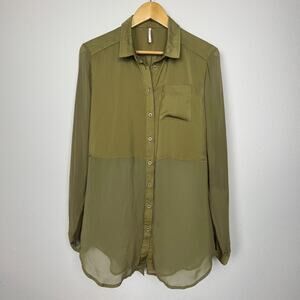Free People Green Satin Sheer Mixed Media Tunic Button Up Top SZ M Boho Romantic
